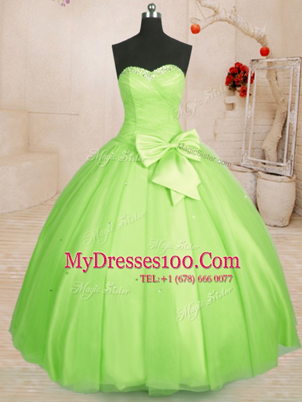 Sleeveless Floor Length Beading and Bowknot Lace Up Sweet 16 Dress with Yellow Green