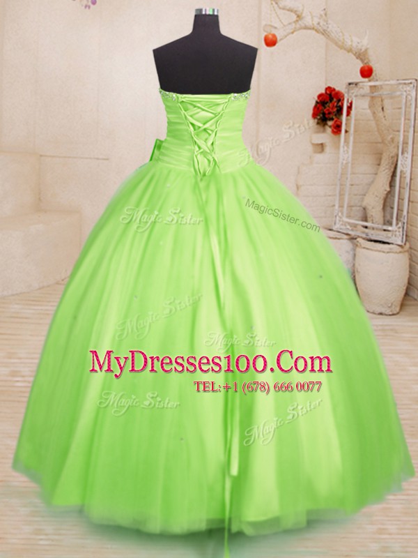 Sleeveless Floor Length Beading and Bowknot Lace Up Sweet 16 Dress with Yellow Green