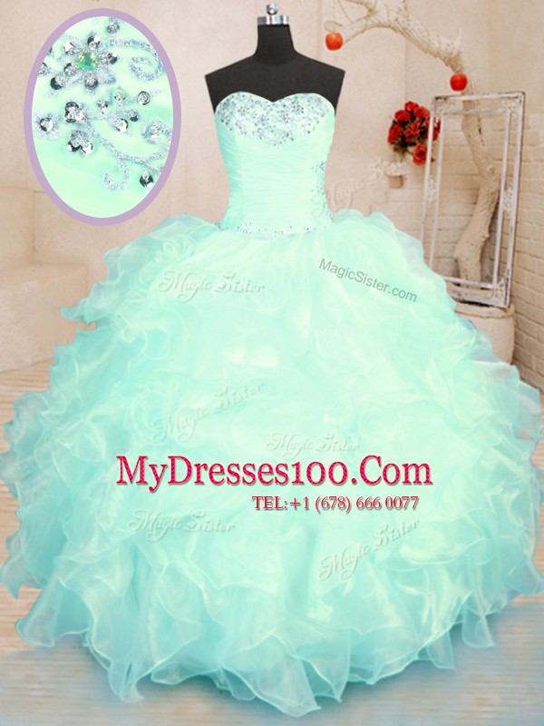 Affordable Turquoise and Apple Green Sweetheart Lace Up Beading and Ruffles Quinceanera Gowns Sleeveless