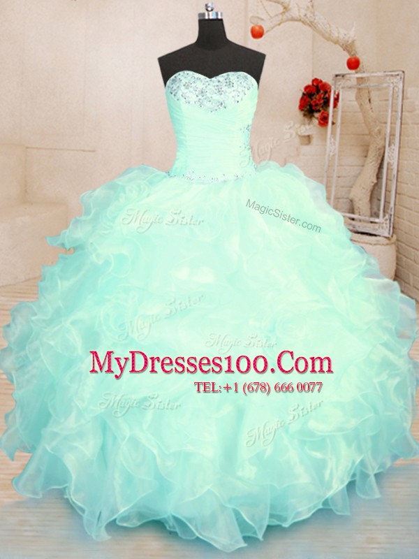 Affordable Turquoise and Apple Green Sweetheart Lace Up Beading and Ruffles Quinceanera Gowns Sleeveless