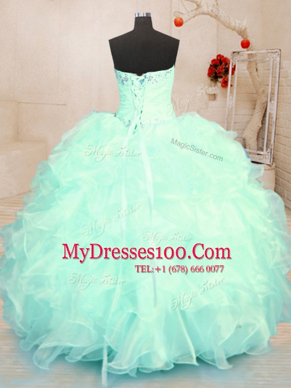 Affordable Turquoise and Apple Green Sweetheart Lace Up Beading and Ruffles Quinceanera Gowns Sleeveless