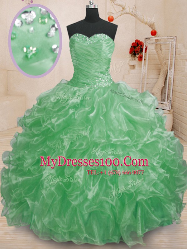 Elegant Green Organza Lace Up Sweetheart Sleeveless Floor Length 15th Birthday Dress Beading and Ruffles