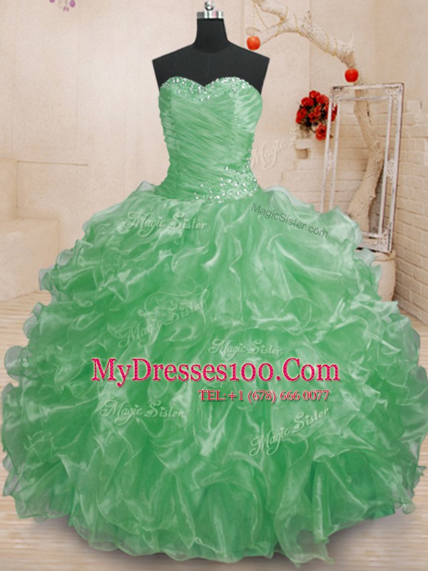 Elegant Green Organza Lace Up Sweetheart Sleeveless Floor Length 15th Birthday Dress Beading and Ruffles