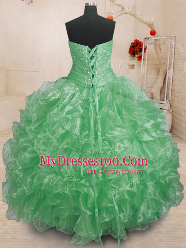 Elegant Green Organza Lace Up Sweetheart Sleeveless Floor Length 15th Birthday Dress Beading and Ruffles
