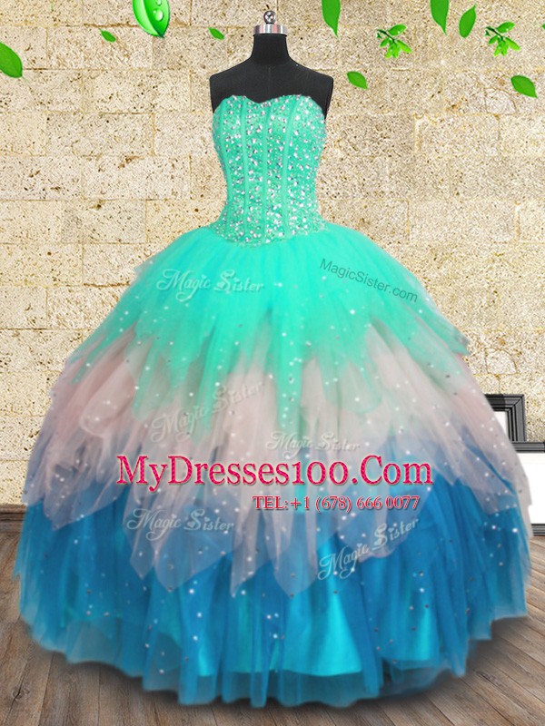 Sequins Floor Length Multi-color 15th Birthday Dress Sweetheart Sleeveless Lace Up