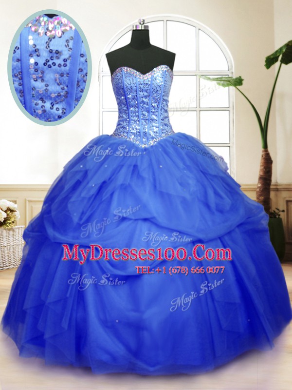 Floor Length Blue Sweet 16 Dress Tulle Sleeveless Sequins and Pick Ups