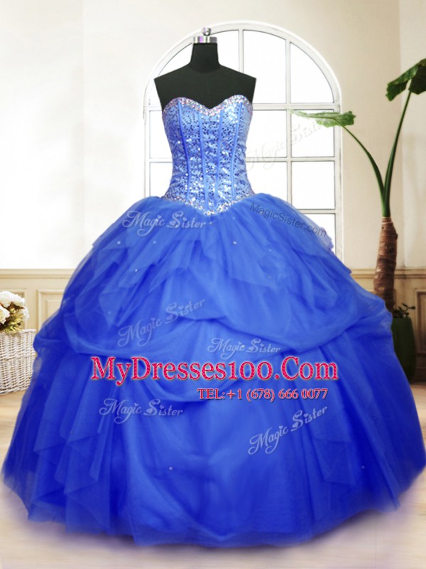 Floor Length Blue Sweet 16 Dress Tulle Sleeveless Sequins and Pick Ups