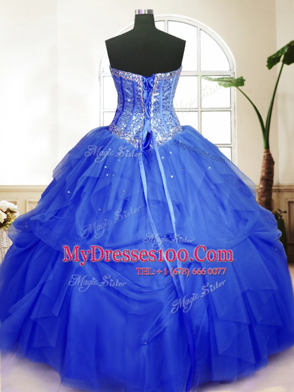 Floor Length Blue Sweet 16 Dress Tulle Sleeveless Sequins and Pick Ups