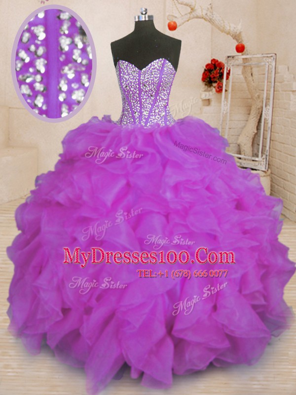 Purple Organza Lace Up Sweet 16 Dress Sleeveless Floor Length Beading and Ruffles