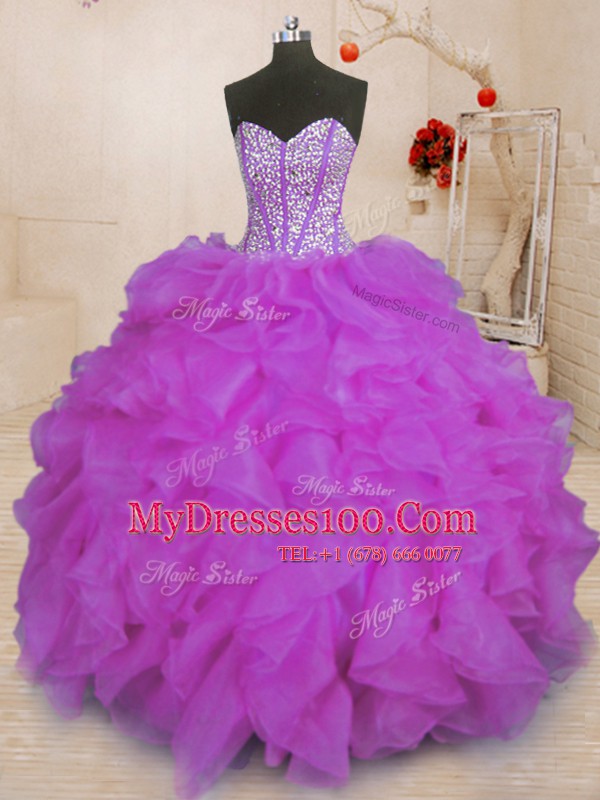 Purple Organza Lace Up Sweet 16 Dress Sleeveless Floor Length Beading and Ruffles