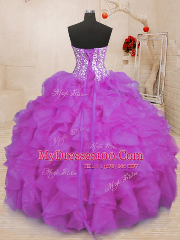Purple Organza Lace Up Sweet 16 Dress Sleeveless Floor Length Beading and Ruffles