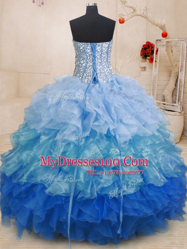 Trendy Floor Length Multi-color Quinceanera Gowns Organza Sleeveless Beading and Ruffles