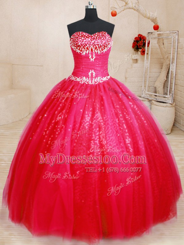 Beauteous Sweetheart Sleeveless Quinceanera Gown Floor Length Beading Red Tulle and Sequined
