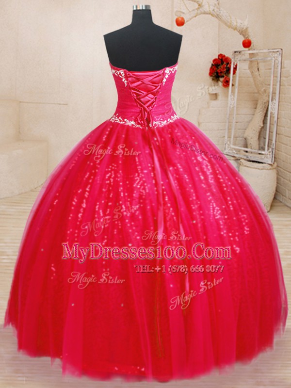 Beauteous Sweetheart Sleeveless Quinceanera Gown Floor Length Beading Red Tulle and Sequined