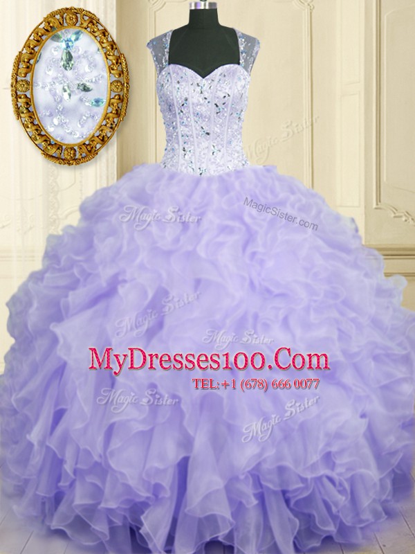 Lavender Organza Lace Up Straps Sleeveless Floor Length Quinceanera Dress Beading and Ruffles