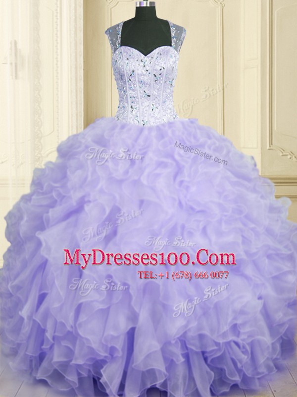 Lavender Organza Lace Up Straps Sleeveless Floor Length Quinceanera Dress Beading and Ruffles