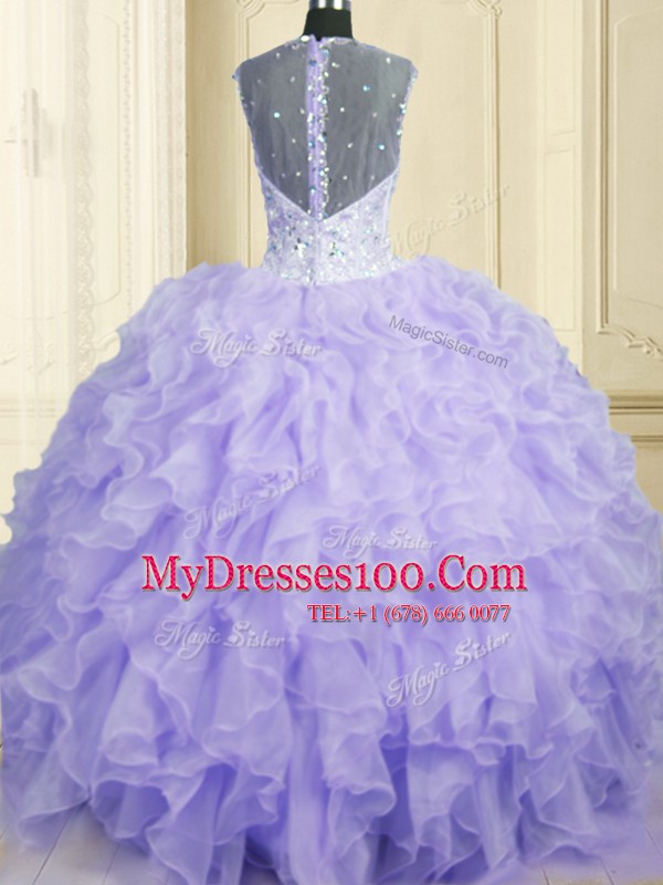 Lavender Organza Lace Up Straps Sleeveless Floor Length Quinceanera Dress Beading and Ruffles