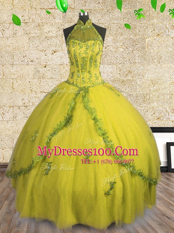 Halter Top Sleeveless Quinceanera Dress Floor Length Beading Yellow Tulle