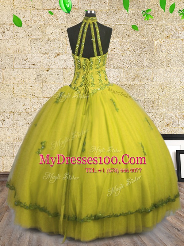 Halter Top Sleeveless Quinceanera Dress Floor Length Beading Yellow Tulle