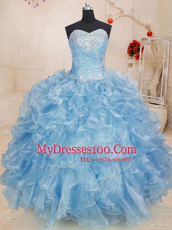 Blue Sweetheart Neckline Beading and Ruffles Sweet 16 Quinceanera Dress Sleeveless Lace Up