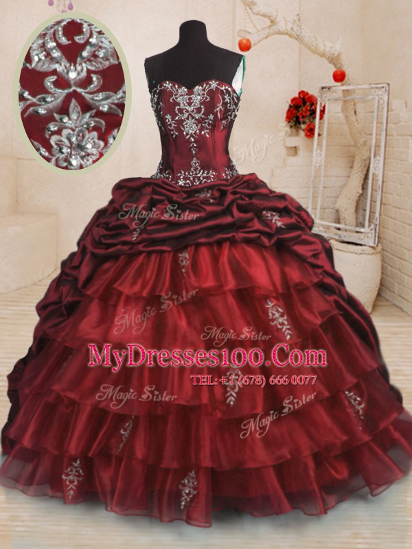 Eye-catching Beading and Appliques and Ruffled Layers and Pick Ups Quinceanera Gown Wine Red Lace Up Sleeveless With Train Sweep Train