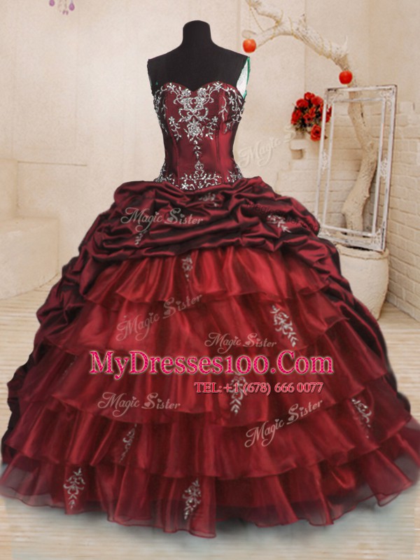 Eye-catching Beading and Appliques and Ruffled Layers and Pick Ups Quinceanera Gown Wine Red Lace Up Sleeveless With Train Sweep Train
