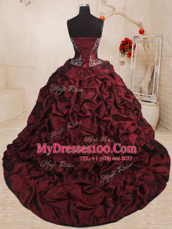 Eye-catching Beading and Appliques and Ruffled Layers and Pick Ups Quinceanera Gown Wine Red Lace Up Sleeveless With Train Sweep Train