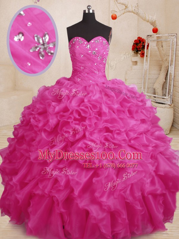 Excellent Hot Pink Ball Gowns Beading and Ruffles Ball Gown Prom Dress Lace Up Organza Sleeveless Floor Length