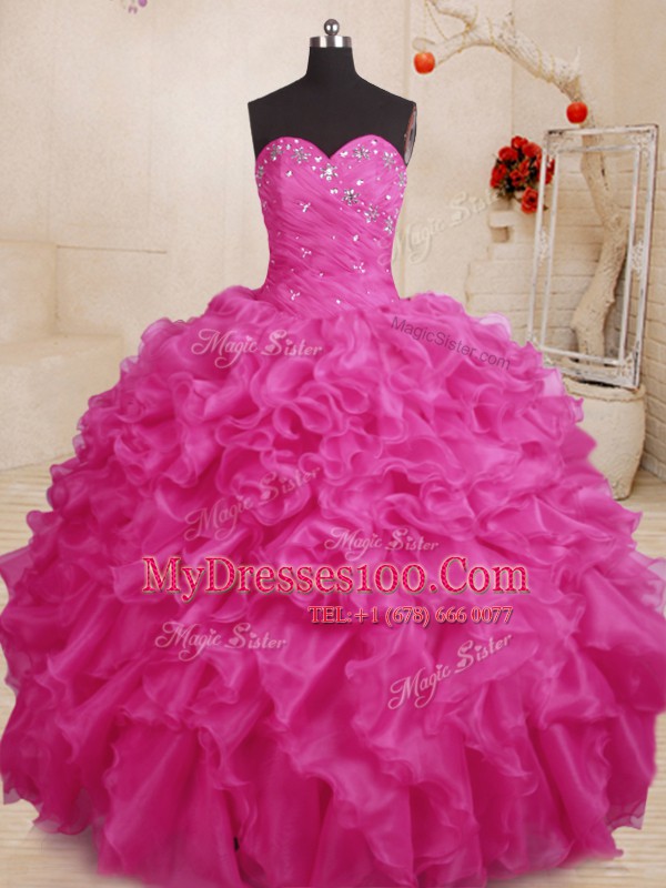 Excellent Hot Pink Ball Gowns Beading and Ruffles Ball Gown Prom Dress Lace Up Organza Sleeveless Floor Length
