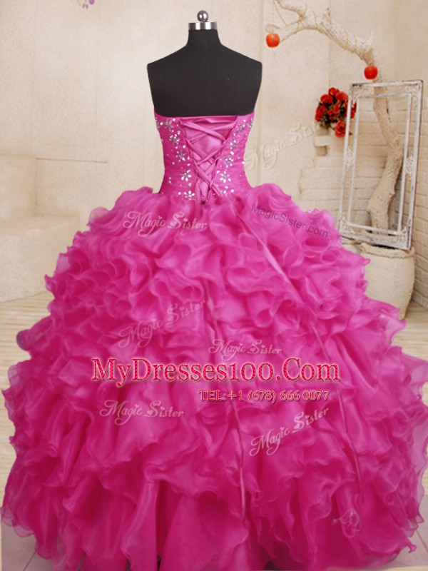 Excellent Hot Pink Ball Gowns Beading and Ruffles Ball Gown Prom Dress Lace Up Organza Sleeveless Floor Length