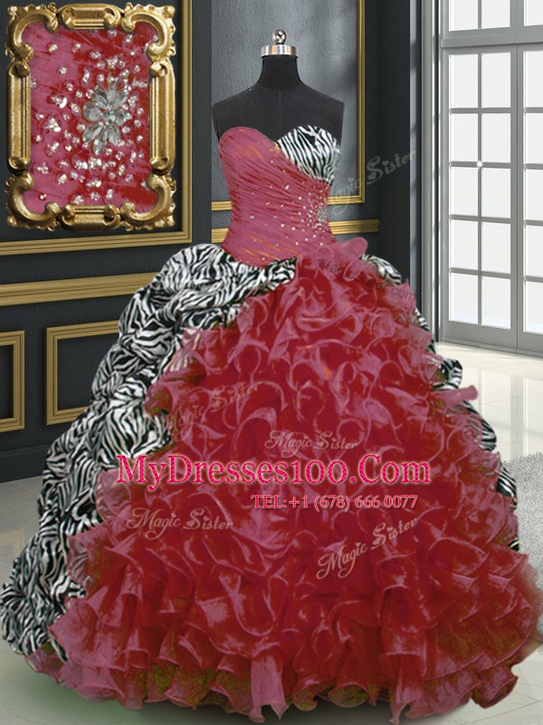 Graceful Wine Red Ball Gowns Organza and Printed Sweetheart Sleeveless Beading and Ruffles and Pattern With Train Lace Up Quinceanera Gown Brush Train