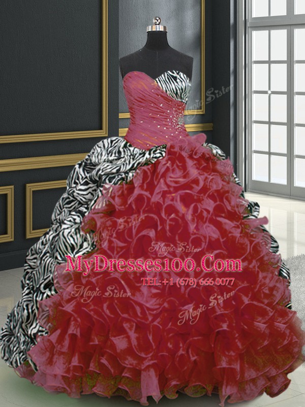 Graceful Wine Red Ball Gowns Organza and Printed Sweetheart Sleeveless Beading and Ruffles and Pattern With Train Lace Up Quinceanera Gown Brush Train