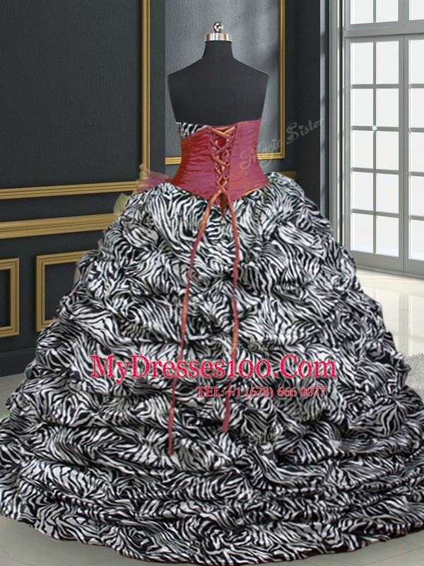 Graceful Wine Red Ball Gowns Organza and Printed Sweetheart Sleeveless Beading and Ruffles and Pattern With Train Lace Up Quinceanera Gown Brush Train