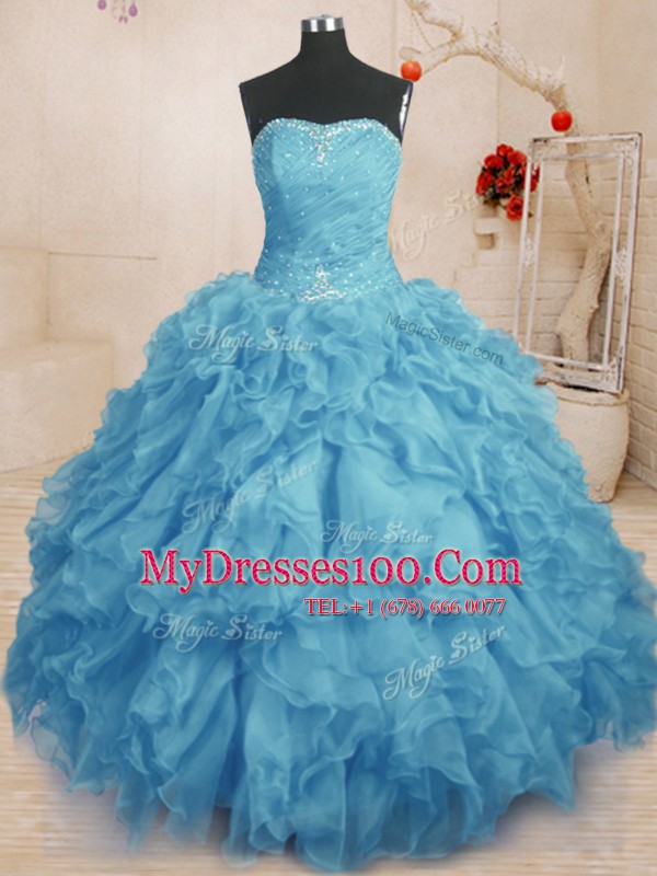 Popular Sleeveless Lace Up Floor Length Beading and Ruffles and Ruching Sweet 16 Dresses