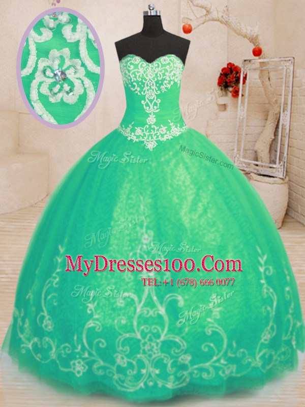 Best Turquoise Ball Gowns Tulle Sweetheart Sleeveless Beading and Embroidery Floor Length Lace Up Ball Gown Prom Dress