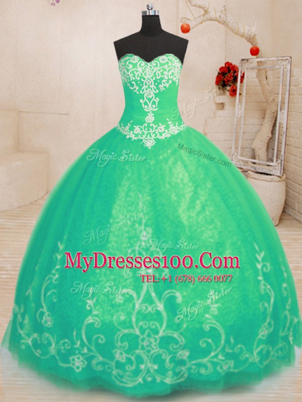 Best Turquoise Ball Gowns Tulle Sweetheart Sleeveless Beading and Embroidery Floor Length Lace Up Ball Gown Prom Dress