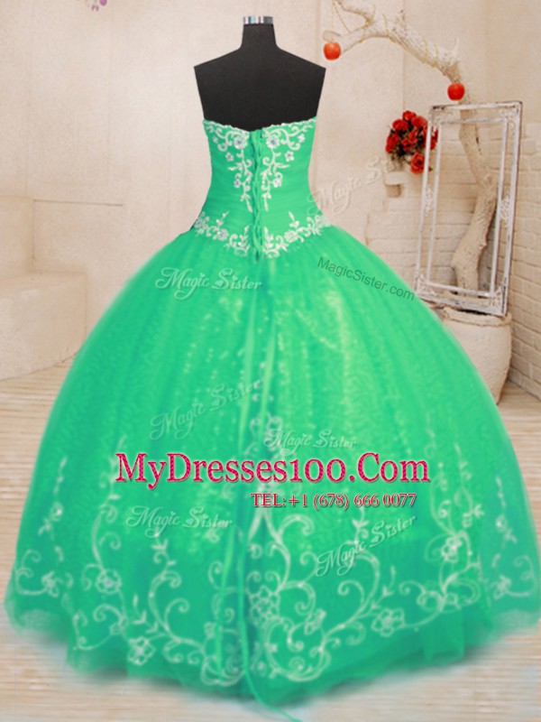 Best Turquoise Ball Gowns Tulle Sweetheart Sleeveless Beading and Embroidery Floor Length Lace Up Ball Gown Prom Dress