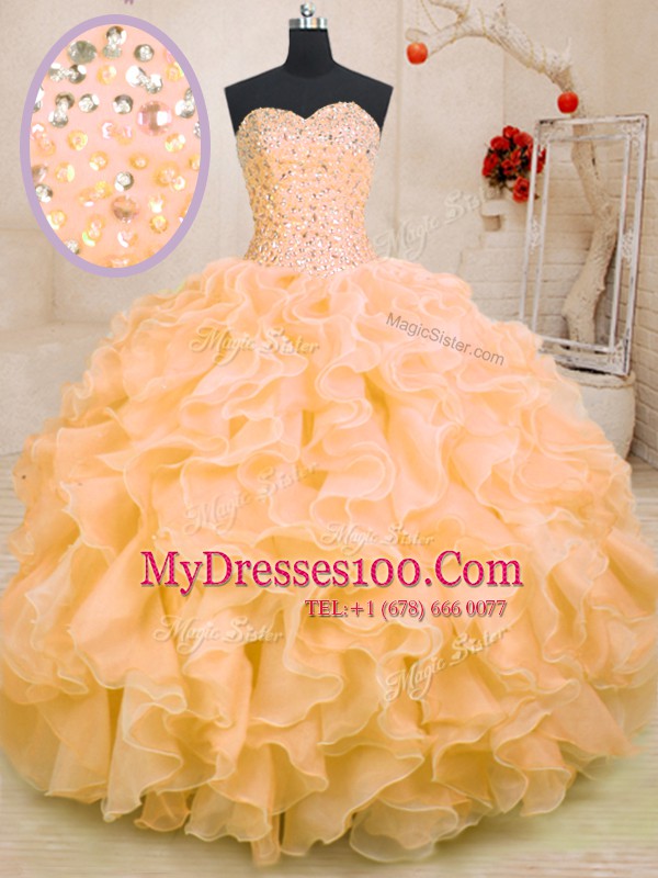 Orange Ball Gowns Beading and Ruffles 15 Quinceanera Dress Lace Up Organza Sleeveless Floor Length