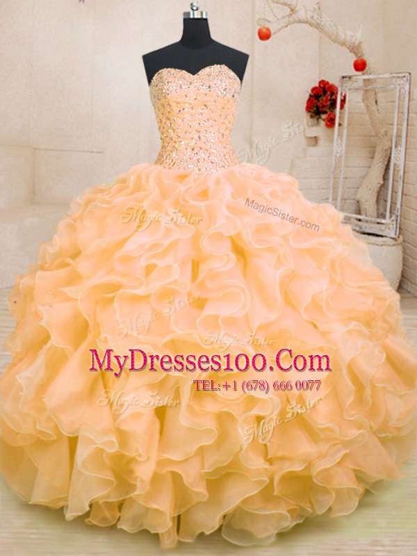 Orange Ball Gowns Beading and Ruffles 15 Quinceanera Dress Lace Up Organza Sleeveless Floor Length