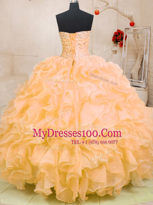 Orange Ball Gowns Beading and Ruffles 15 Quinceanera Dress Lace Up Organza Sleeveless Floor Length