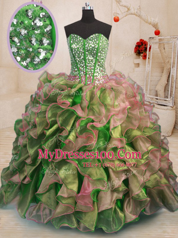 Multi-color Ball Gowns Organza Sweetheart Sleeveless Beading and Ruffles Floor Length Lace Up Vestidos de Quinceanera