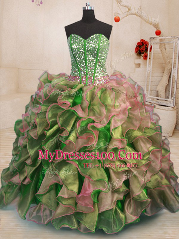 Multi-color Ball Gowns Organza Sweetheart Sleeveless Beading and Ruffles Floor Length Lace Up Vestidos de Quinceanera