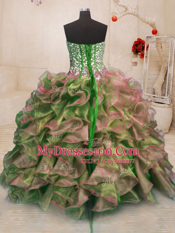 Multi-color Ball Gowns Organza Sweetheart Sleeveless Beading and Ruffles Floor Length Lace Up Vestidos de Quinceanera