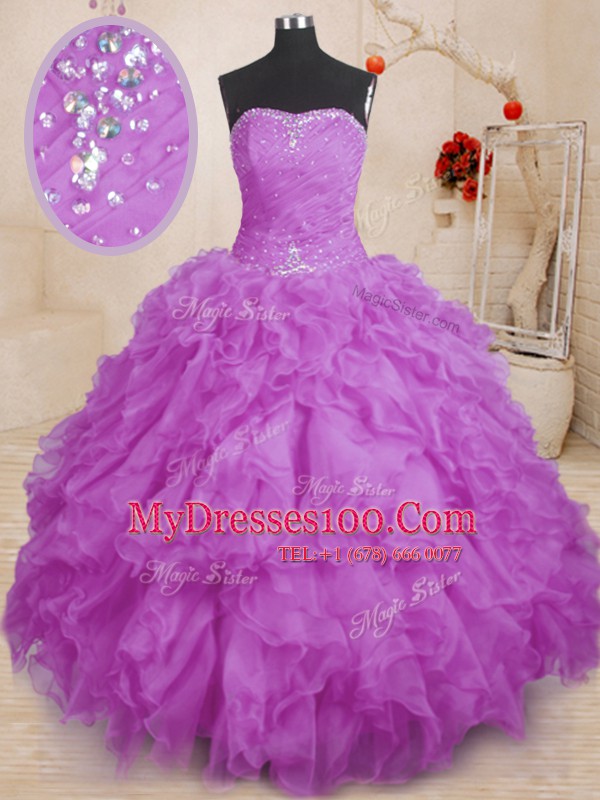 Purple Organza Lace Up Strapless Sleeveless Floor Length Sweet 16 Quinceanera Dress Beading and Ruffles and Ruching