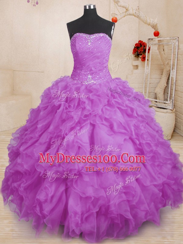 Purple Organza Lace Up Strapless Sleeveless Floor Length Sweet 16 Quinceanera Dress Beading and Ruffles and Ruching