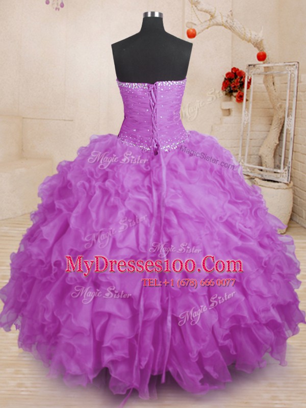 Purple Organza Lace Up Strapless Sleeveless Floor Length Sweet 16 Quinceanera Dress Beading and Ruffles and Ruching