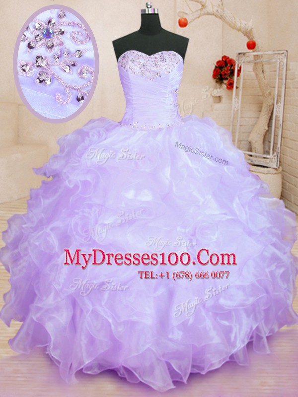 Lavender Ball Gowns Beading and Ruffles 15th Birthday Dress Lace Up Organza Sleeveless Floor Length