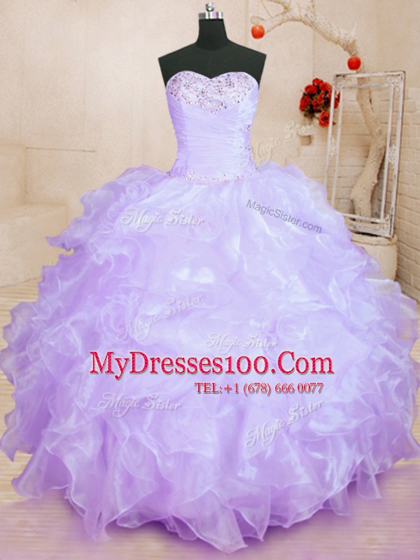 Lavender Ball Gowns Beading and Ruffles 15th Birthday Dress Lace Up Organza Sleeveless Floor Length