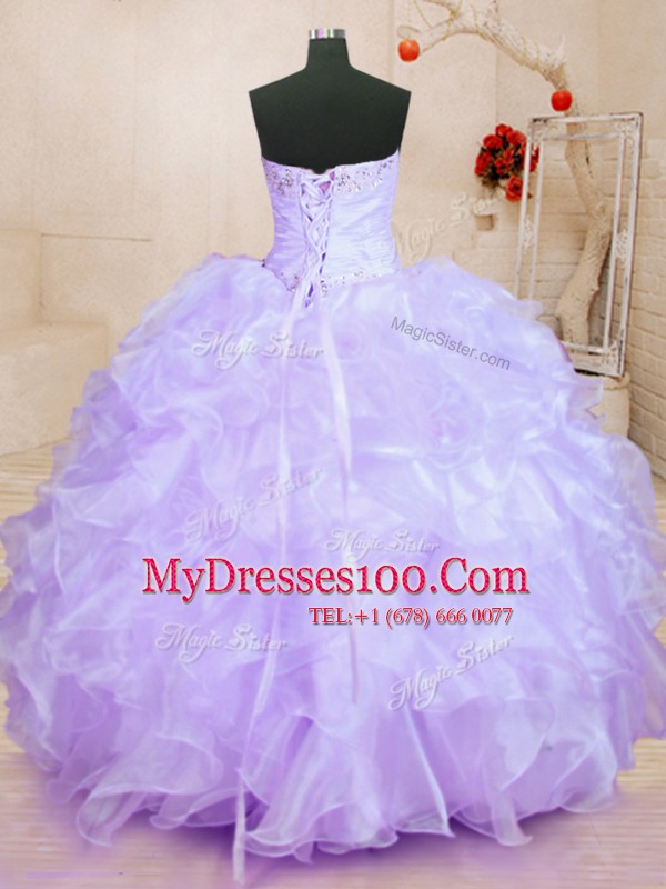 Lavender Ball Gowns Beading and Ruffles 15th Birthday Dress Lace Up Organza Sleeveless Floor Length