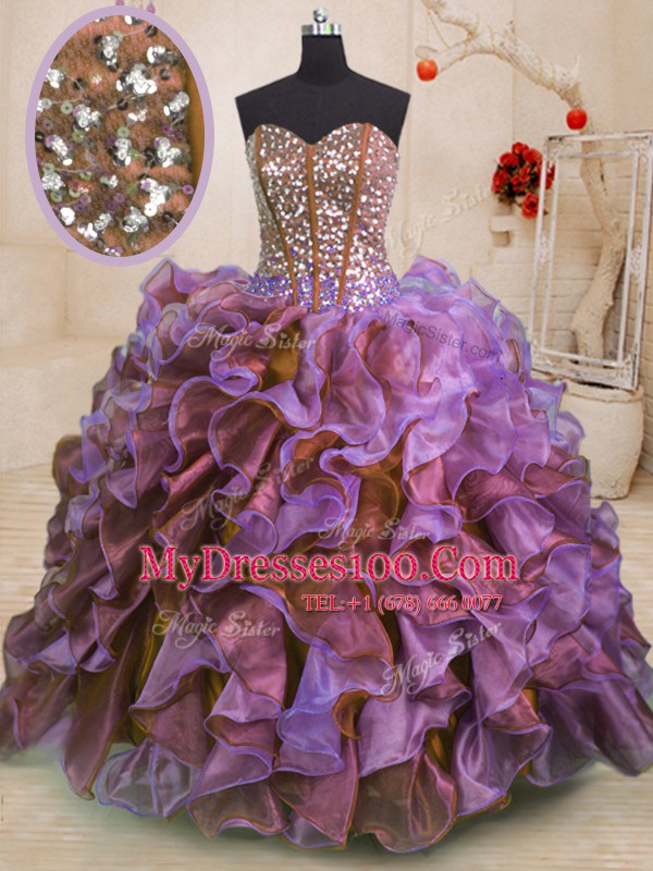 Multi-color Lace Up Sweetheart Beading and Ruffles 15 Quinceanera Dress Organza Sleeveless